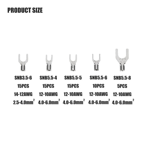 250pcs Non-Insulated Fork Terminals, Copper Fork Wire Connectors Terminals, AWG 22-16 16-14 14-12 12-10 Crimp Fork End Terminal, Tin-Plated Wire L...