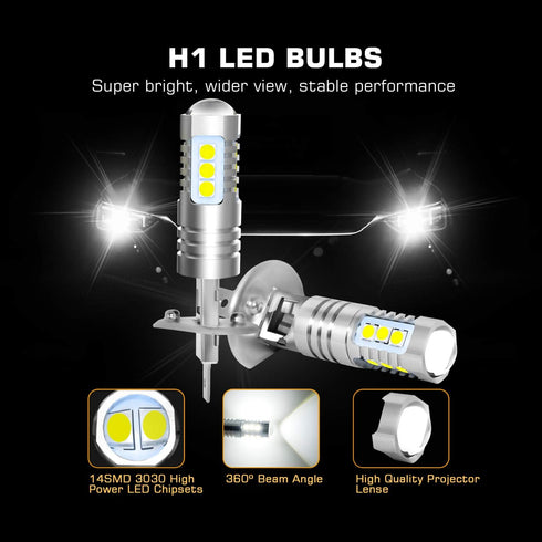 H1 LED Fog Light Bulbs 6000K Xenon White, Extremely Bright 3030 Chips H1 LED Bulbs with Projector for Car Fog Lights, Daytime Running Lights DRL (...