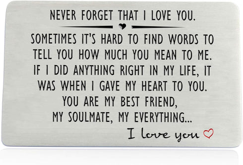 Anniversary Wallet Insert Card for Men or Women - Never Forget That I Love You, Engraved Wallet Insert for Boyfriend Husband Him, Birthday Wedding...