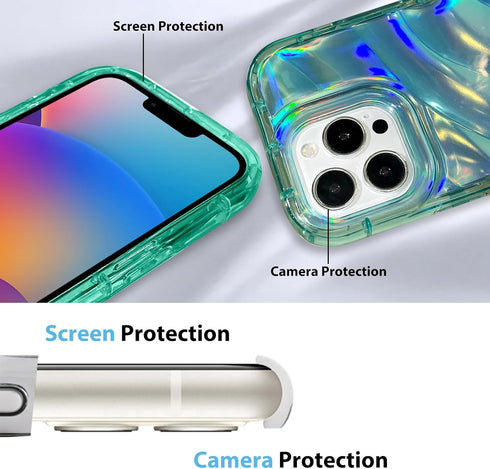 Bonoma Compatible with iPhone 15 Pro Case Bling Laser Iridescent Florescent Crystal Wave Luxury Case Camera Protector + Screen Protector Shockproo...