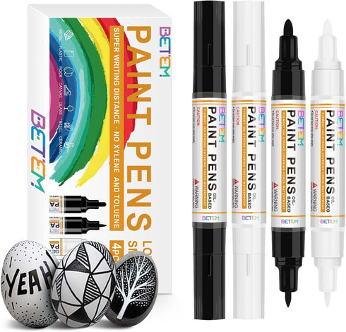 4 Count Dual Tip Oil Based White Black Paint Markers Paint Pens(0.7mm & 3mm), Permanent Paint Marker, Waterproof, Quick Dry, for Rock Painting, Wo...