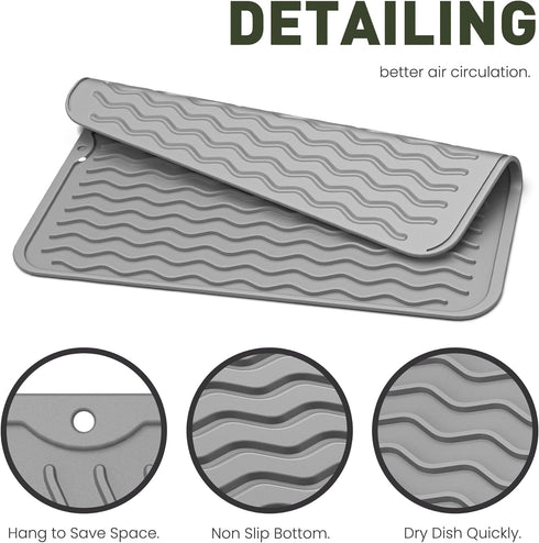 Silicone Dish Drying Mat for Multi-Usage, Dish Drying Mats for Kitchen Counters, Sink, Refrigerator, Drawer Liner with Rapid Drying and Easy Stora...