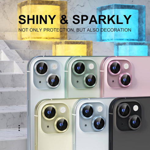 Choiche Compatible for iPhone 15 /iPhone 15 Plus Camera Lens Protector, 9H Tempered Glass Camera Cover Screen Protector Metal Ring Decoration Acce...