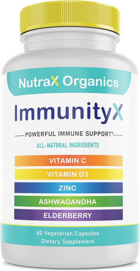 All-in-One Organic Immune Support Supplement 60 Vegan Capsules - Elderberry 500mg, Ashwagandha 500mg, 400mg Vitamin C and Zinc - Vitamin D3 - Immu...