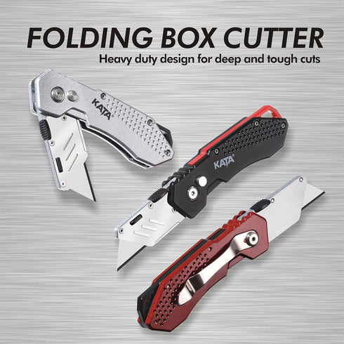 KATA 3-Pack Heavy Duty Box Cutter Folding Utility Knife With Zinc Alloy Body, Quick Change Blades, Lock-Back Design, Extra 12pc Blades For Cartons...