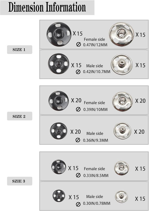 Meikeer 100 Sets Sew on Snaps Sewing Snaps for Fabric Metal Snaps Fasteners Press Studs Buttons for Sewing, Black and Silver(8.5mm,10mm,12mm)...