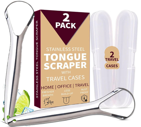 ""Stainless Steel Tongue Scraper 2-Pack for Adults & Kids - Includes Travel Cases, Promotes Fresh Breath & Oral Health, Easy Clean, Durable Design...