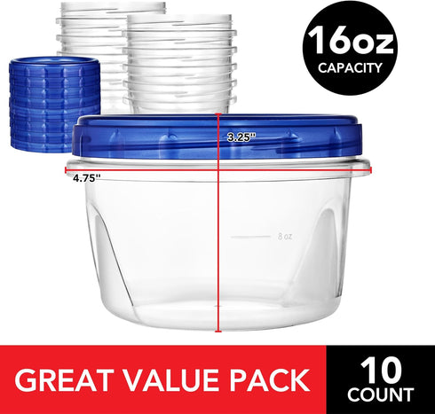 Stock Your Home 16oz Plastic Containers with Twist Top Lids (10 Pack), 2 Cup Freezer Containers with Lids for Leftover Food, Airtight Reusable Sou...
