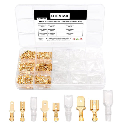 QTEATAK 2.8,4.8,6.3mm Golden Quick Splice Male and Female Wire Spade Crimp Terminal Connectors Assortment Kit with Insulating Sleeve(300Pcs)...