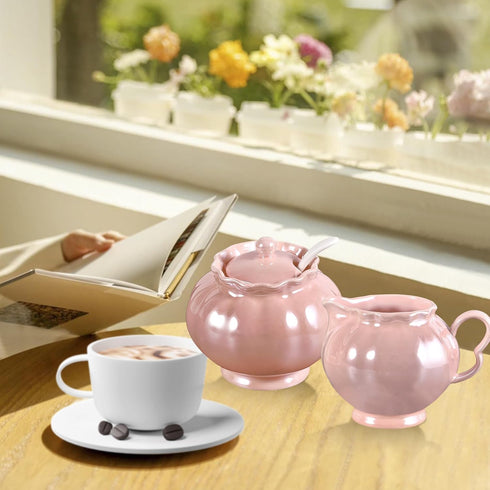 Porcelain Sugar or Salt Bowl with Lid and Spoon, Ceramic Spice Keeper Pearlescent Glazed Design Modern Kitchen Decor, 9 Ounce, Pink...