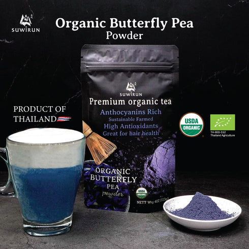 Suwirun Organic Butterfly Pea Powder 4oz – Natural Blue Tea & Superfood – Perfect for Color-Changing Drinks, Baking & Lattes – Premium Thai Herb...