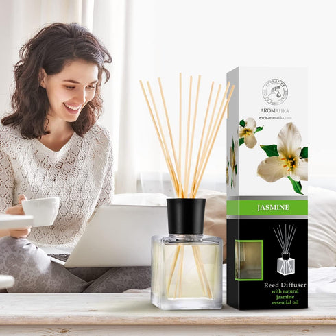 Jasmine Reed Diffuser w/Natural Essential Jasmine Oil 6.8 Fl Oz - Fresh & Long Lasting Fragrance - Scented Reed Diffuser - Gift Set w/Bamboo Stick...