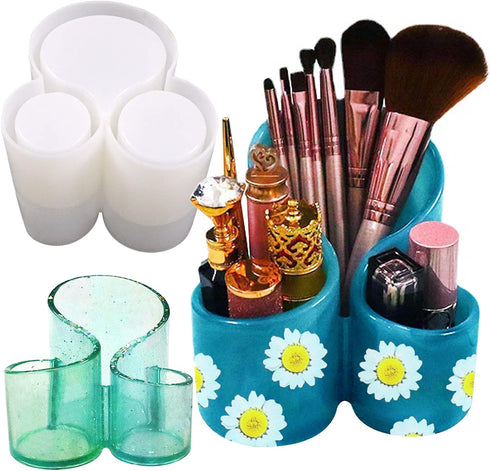 Resin Molds Silicone Storage Box Mold, Unique Makeup Organizer Trinket Container Epoxy Mold with 3 Slots, Pen Brush Holder Mould, Resin Clay Craft...