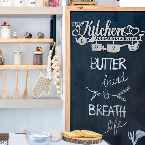 Metal Kitchen Wall Decor, This Kitchen is Seasoned with Love Word Name Sign Hanging Wall Art Hanging Sculptures, Silvery Rustic Iron Letters Quote...
