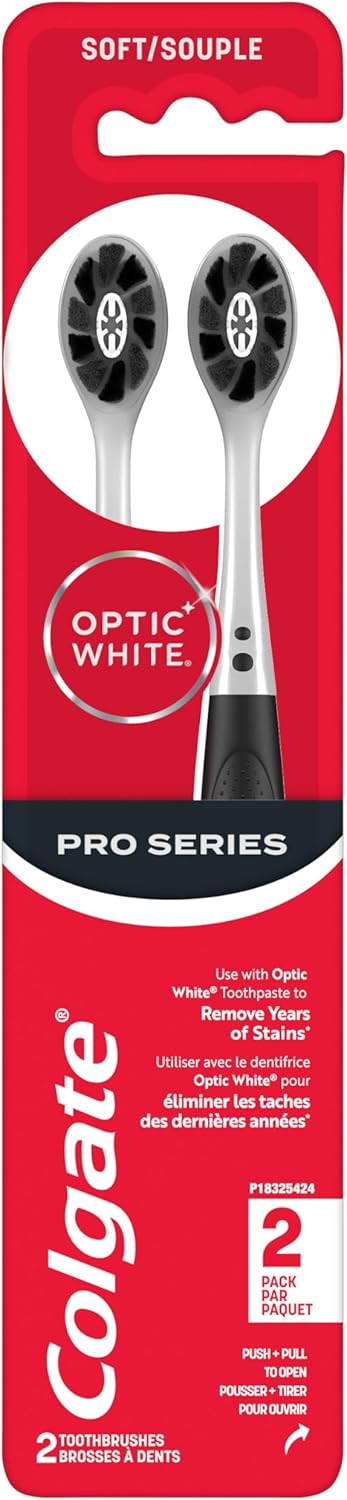 Colgate Optic White Pro Series Whitening Charcoal Toothbrush for Stain Removal, Soft Bristles, 2 Pack...