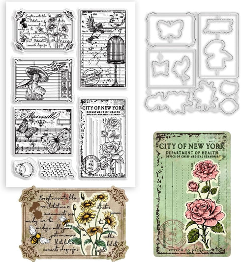 2pcs Animal Postage Clear Stamp and Die Cut Set Postmark Rubber Stamp Bird Frame Cutting Dies Flower Bee Silicone Stamps and Dies for DIY Scrapboo...