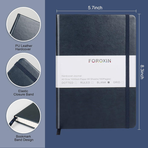 Blank Journal Notebook, (Dark Blue), 160 Pages, Medium 8.3x5.7 inches - 100 gsm Thick Paper, Hardcover...