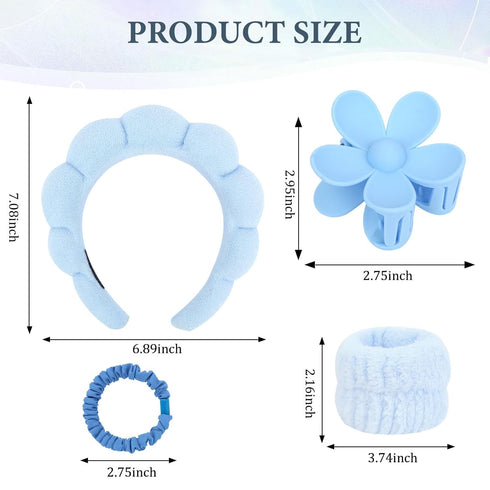 10Pcs Blue Spa Headband and Wrist Washbands Set, Skincare Headband Face Wash Headband Makeup Headband, Flower Hair Claw Clip and 6Pcs Slip Hair Ti...
