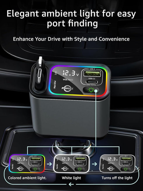 4-in-1 Retractable Car Charger - 90W Fast Car Phone Charger with Dual Retractable Cables (USB-C & iOS) and USB Ports, Compatible with iPhone 15/14...