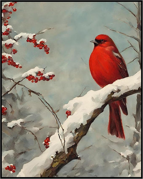 Posterizer 1 pcs-little bird in snowy winter scene-oil painting style -2-Art for Animal Lovers-Landscape & Nature Art-Decor for Home & Office- unf...