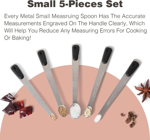 Measuring Spoons Set of 5, Tiny Stainless Steel Measuring Spoons with Black Silicone Handle, Small Measuring Spoon 1/64, 1/32, 1/16, 1/8, 1/4 tsp,...
