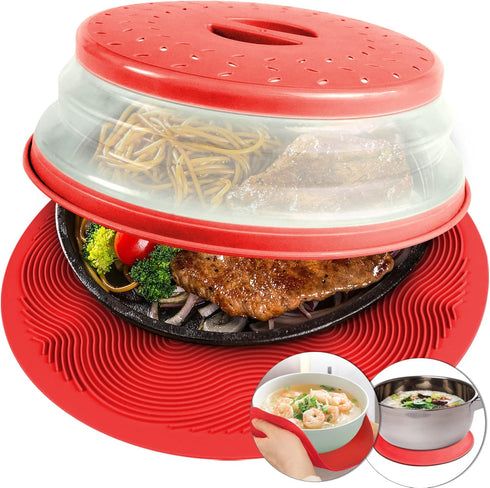 2 in 1, Aidacom Microwave Mat & Food Cover- 12" Mat as Bowl Holder, Cover for Splatter Guard, Multi-use: Silicone Trivet, Pot Holders, Drying, Bak...