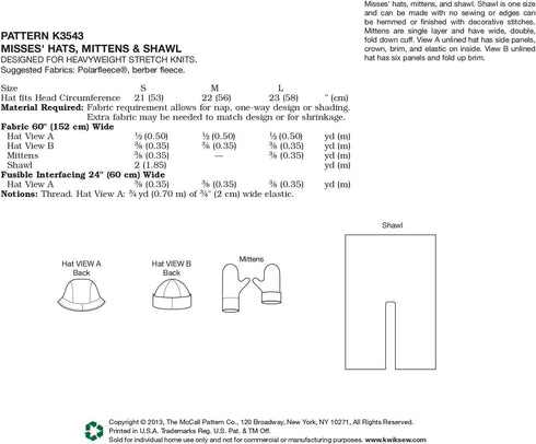 Kwik Sew K3543 Hats Sewing Pattern, Mittens and Shawl...