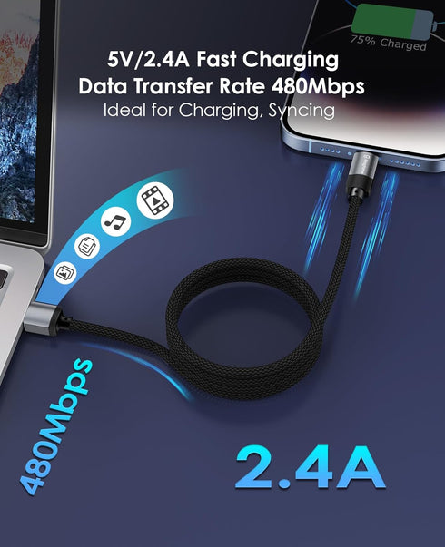 Magnetic iPhone Charger Cord 5ft Coiled, USB A to Lightning Cable Fast Charging Nylon Braided - MFi Certified Compatible with iPhone 14 13 12 11 P...