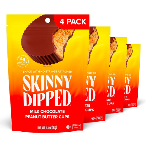 SkinnyDipped Milk Chocolate Peanut Butter Cups, 4g Sugar, Low Sugar, Low Carb, Gluten Free, 3.2oz Bag, 4 Pack (24 Cups Total)...