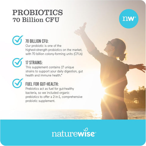 NatureWise Probiotics 70 Billion CFU - 17 Strains + Organic Prebiotics - Immune, Digestive & Gut Health Probiotics for Women & Men - Vegetarian, G...