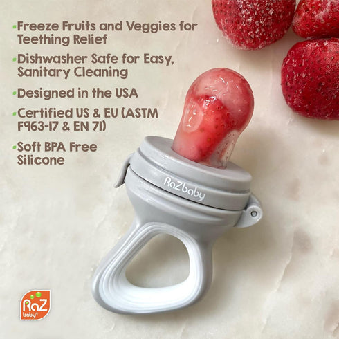 RaZbaby Baby Fruit Feeder/Food Feeder Pacifier, Infant Teething Toy Teether 6M+, Add Baby's Favorite Frozen Fruit or Fresh Food for Teething Relie...