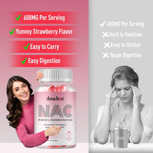 NAC Gummies 600mg, N Acetyl Cysteine Supplement NAC Chewable for Antioxidants & Immune Support, Lung & Liver Health, Natural Strawberry Flavor, 60...