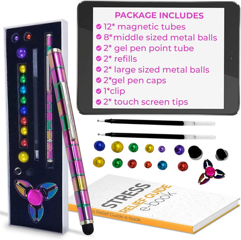 Sumerian Magnetic Fidget Pen & Spinner Set - Gel Pen, Toy Stylus for Kids Adults Tubes, Metal Balls, Refills, Touchscreen Tips, Caps, Clip Stress ...