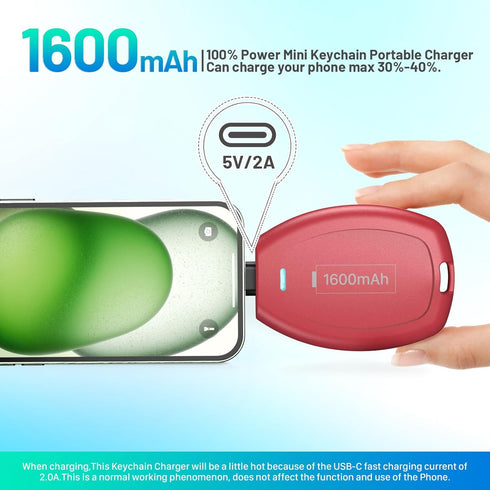 USB C Keychain Portable Charger Power Bank Compatible with iPhone 15/15 Plus/15 Pro/15 Pro Max, 1600mAh Mini Type-C Power Emergency Pod Ultra-Comp...