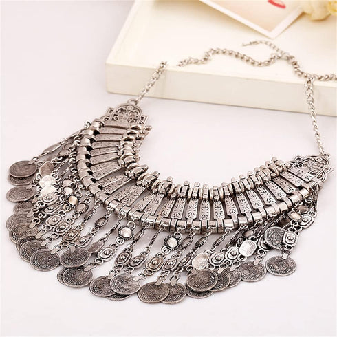 LUREME Boho Coin Statement Necklace for Women, Collar Choker Long Tassel Ethnic Gypsy Chunky Necklace (nl006294)...