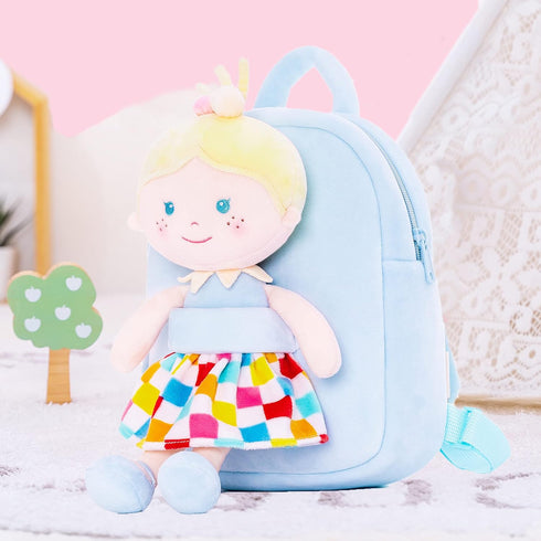 Toddler Kids Backpack with Soft Baby Dolls in Plaid Dress 9.5"...