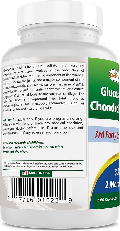Best Naturals Glucosamine Chondroitin and MSM (Non-GMO) - Promotes Joint Health - 180 Count...