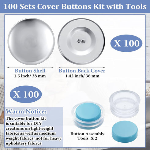 100 Sets Cover Buttons Kit with Tools Size Buttons to Cover Self Cover Buttons with Wire Backs DIY Fabric Cloth Cover Buttons (Size 60/1.5 Inch)...