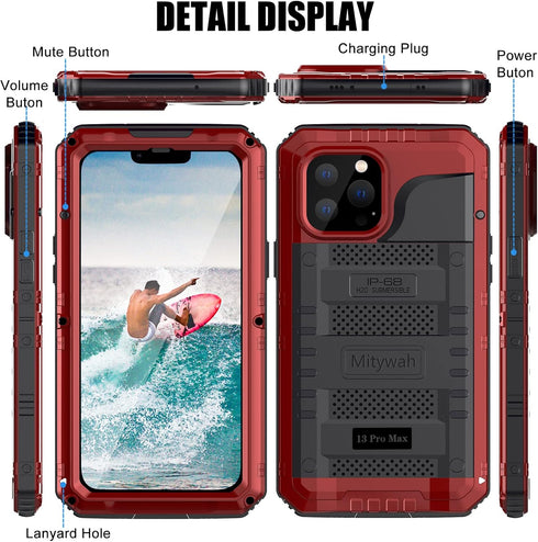 Mitywah Waterproof Case for iPhone 13 Pro Max, Heavy Duty Military Grade Armor Metal Case, Underwater Full Body Protective Case Shockproof Built-i...