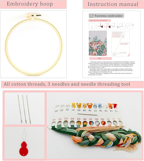FOXTEMO Embroidery Kit for Beginners Adults, 1 Pack 20CM Embroidery Hoops, Lotus Embroidery Pattern Beginner Embroidery Kit with Needles and Threa...