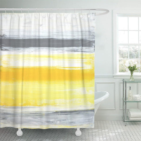 Shower Curtain Gray Blocks Grey and Yellow Abstract Painting Canvas Contemporary Waterproof Polyester Fabric 72 x 72 Inches Set with Hooks...