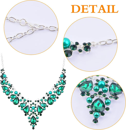 Jewelry Set for Women, 1 Set Green Pearl Crystal Necklace and Dangle Earrings Elegant Bridal Floral Cluster Teardrop Statement Necklace Earrings f...