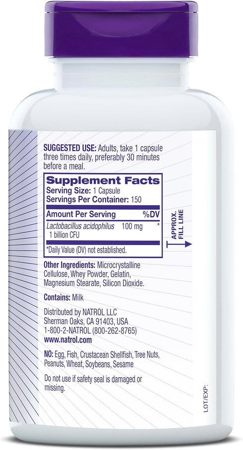 Natrol Acidophilus Probiotic 100 mg, Dietary Supplement for Healthy Gut Function, Digestive Health Capsules for Adults, 150 Capsules, Up to a 50 D...