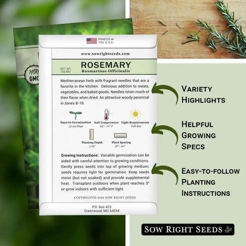 Sow Right Seeds - Rosemary Seed for Planting - Non-GMO Heirloom Packet with Instructions to Plant and Grow a Kitchen Herb Garden - Indoors or Outd...