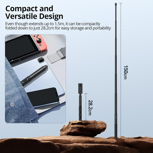 ATUMTEK 150cm Invisible Selfie Stick, 1/4" Extendable Monopod Pole, Solid and Compact Design for Insta360, for GoPro, DJI, Action Cameras (Buckle ...