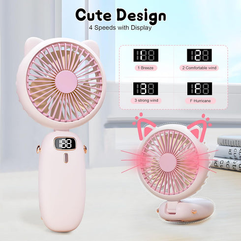 Handheld Fan Mini, Cute Hand Fan Portable, Powerful USB Rechargeable Fan with 4 Speeds and LED Display for Kids Women, Battery Small Electric Hand...