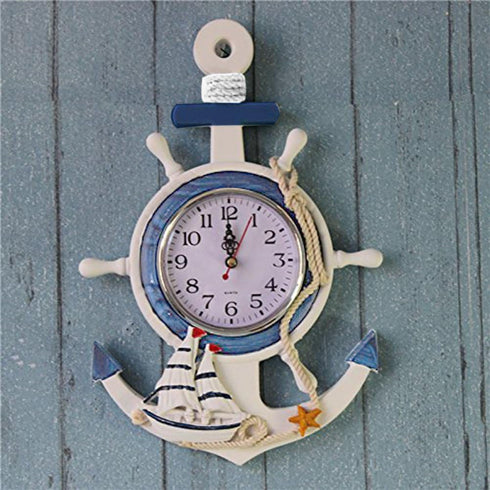 Mediterranean Style Anchor Clock Beach Sea Theme Nautical Wheel Rudder Steering Wheel Decor Wall Hanging Decoration...
