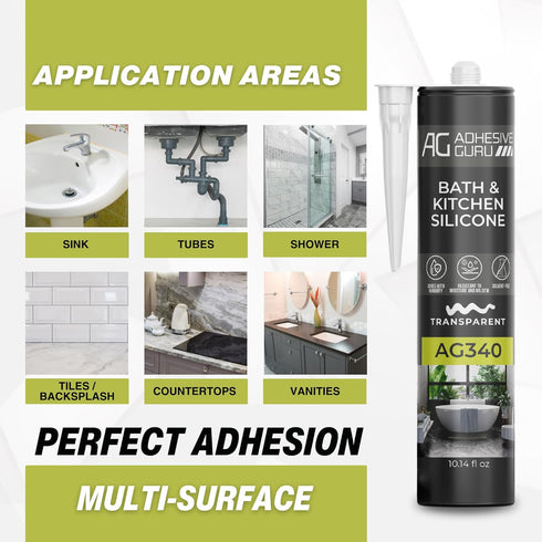 Adhesive Guru AG340 Clear Silicone Sealant (10.14 fl oz), 100% Silicone Caulk, Weatherproof & Flexible Adhesive Sealant for Bath and Kitchen, 1 Pa...