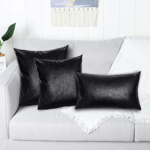 Black Ostrich Skin Faux Leather Pillow Cover - Sofa Cushion Case - Decorative Modern Throw Covers for Living Room & Bedroom - 12x20 Inches - Black...