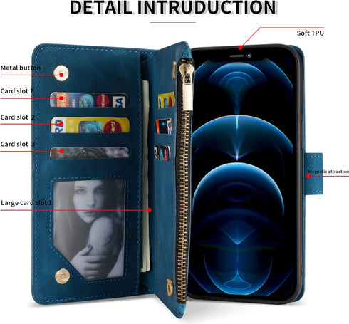 ZZXX for iPhone 12 Case Wallet with Card Slot Premium Soft PU Leather Zipper Flip Folio Wallet with Wrist Strap Kickstand Protective for iPhone 12...